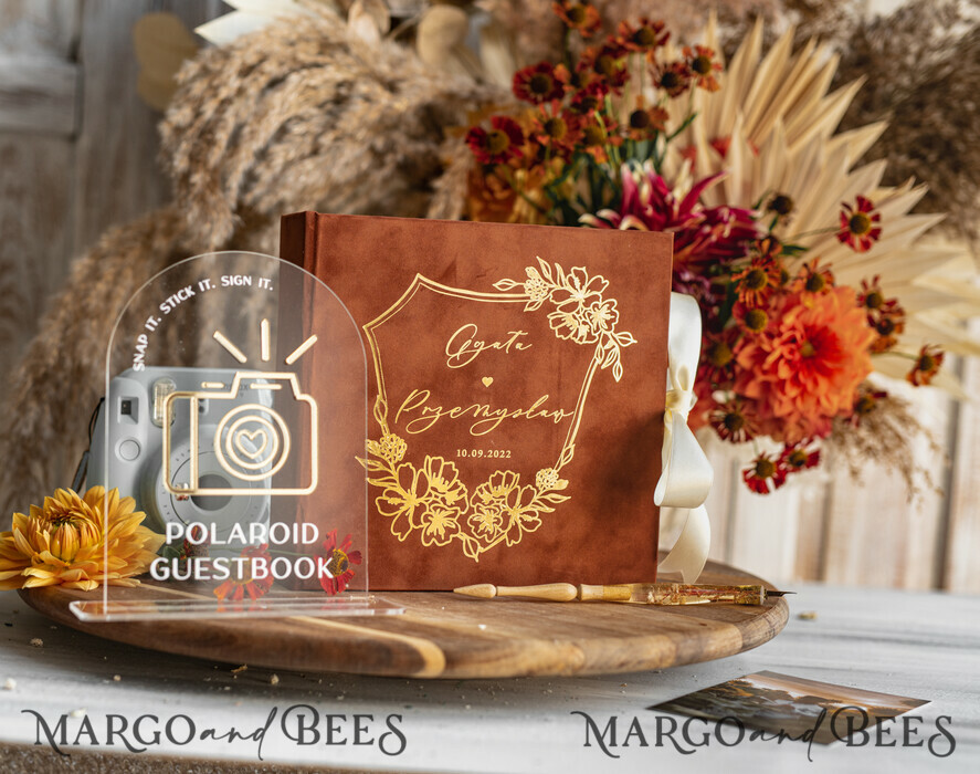 WEDDING GUEST BOOKS Velvet Instax Guestbook terracotta Gold Presonalised Wedding Guest Book and arch acrylic Instax Sign, Velvet Memory Photo Booh Book and Clear Sign Set Fall Wedding, Polaroid velvet Guest book & Plexi Instax Sign set