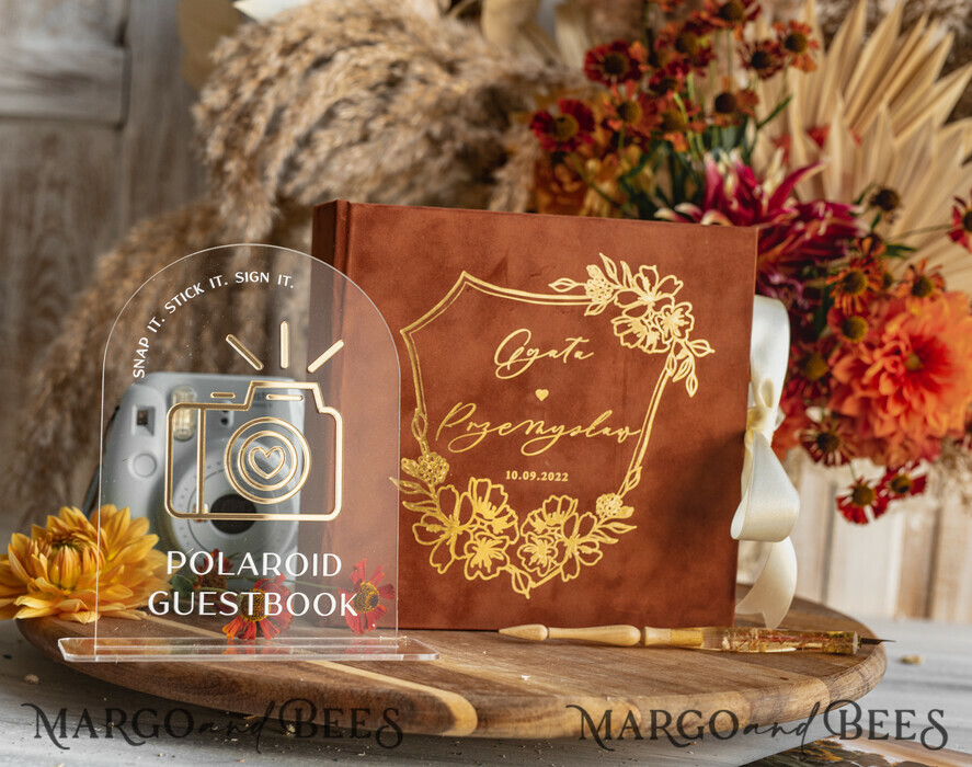 WEDDING GUEST BOOKS Velvet Instax Guestbook terracotta Gold Presonalised Wedding Guest Book and arch acrylic Instax Sign, Velvet Memory Photo Booh Book and Clear Sign Set Fall Wedding, Polaroid velvet Guest book & Plexi Instax Sign set