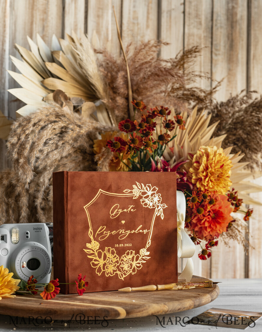 WEDDING GUEST BOOKS Velvet Instax Guestbook terracotta Gold Presonalised Wedding Guest Book and arch acrylic Instax Sign, Velvet Memory Photo Booh Book and Clear Sign Set Fall Wedding, Polaroid velvet Guest book & Plexi Instax Sign set