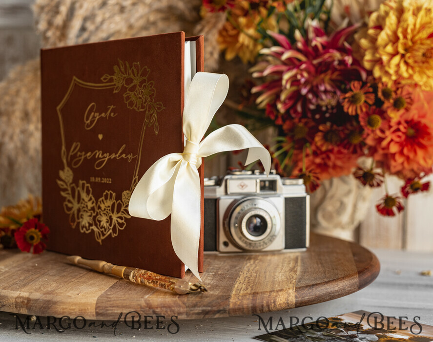 WEDDING GUEST BOOKS Velvet Instax Guestbook terracotta Gold Presonalised Wedding Guest Book and arch acrylic Instax Sign, Velvet Memory Photo Booh Book and Clear Sign Set Fall Wedding, Polaroid velvet Guest book & Plexi Instax Sign set