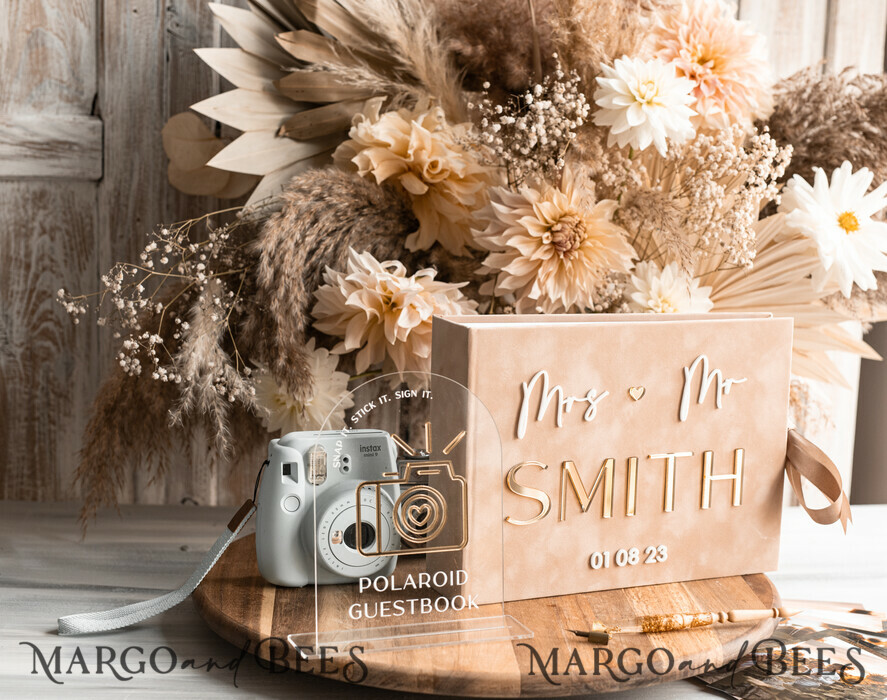 WEDDING GUEST BOOKS Velvet Instax Guestbook beige Gold Presonalised Wedding Guest Book and arch acrylic Instax Sign, Velvet Memory Photo Booh Book and Clear Sign Set Fall Wedding, Polaroid velvet Guest book & Plexi Instax Sign set