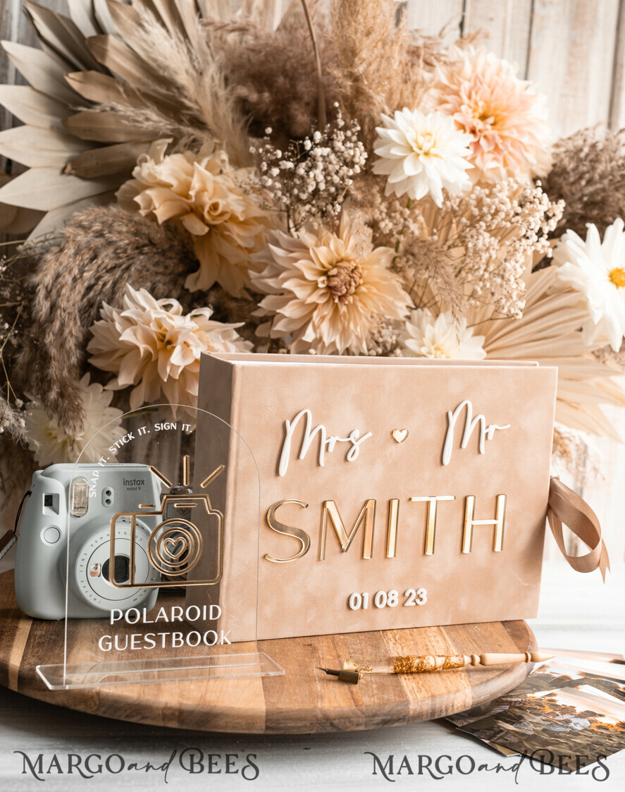 WEDDING GUEST BOOKS Velvet Instax Guestbook beige Gold Presonalised Wedding Guest Book and arch acrylic Instax Sign, Velvet Memory Photo Booh Book and Clear Sign Set Fall Wedding, Polaroid velvet Guest book & Plexi Instax Sign set