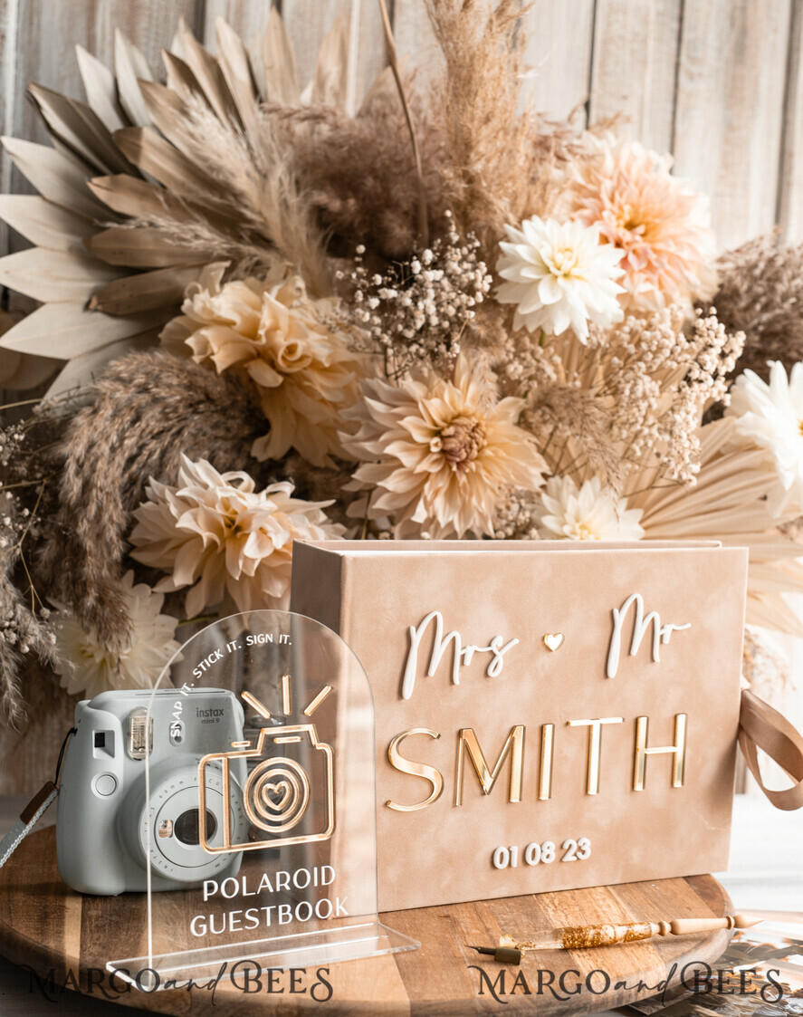WEDDING GUEST BOOKS Velvet Instax Guestbook beige Gold Presonalised Wedding Guest Book and arch acrylic Instax Sign, Velvet Memory Photo Booh Book and Clear Sign Set Fall Wedding, Polaroid velvet Guest book & Plexi Instax Sign set