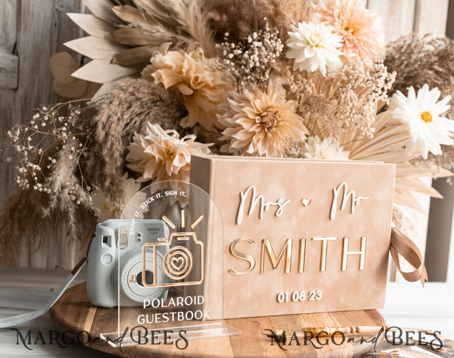 WEDDING GUEST BOOKS Velvet Instax Guestbook beige Gold Presonalised Wedding Guest Book and arch acrylic Instax Sign, Velvet Memory Photo Booh Book and Clear Sign Set Fall Wedding, Polaroid velvet Guest book & Plexi Instax Sign set