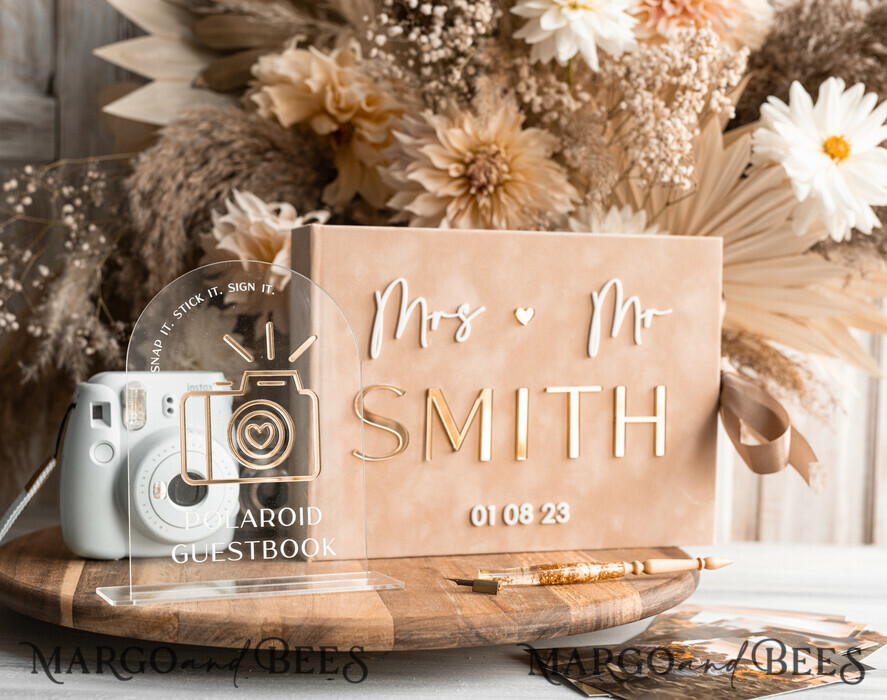 WEDDING GUEST BOOKS Velvet Instax Guestbook beige Gold Presonalised Wedding Guest Book and arch acrylic Instax Sign, Velvet Memory Photo Booh Book and Clear Sign Set Fall Wedding, Polaroid velvet Guest book & Plexi Instax Sign set