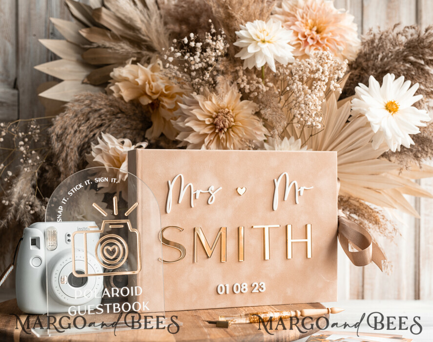 WEDDING GUEST BOOKS Velvet Instax Guestbook beige Gold Presonalised Wedding Guest Book and arch acrylic Instax Sign, Velvet Memory Photo Booh Book and Clear Sign Set Fall Wedding, Polaroid velvet Guest book & Plexi Instax Sign set