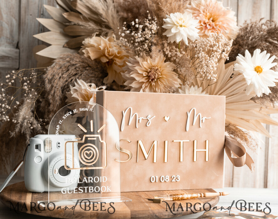 WEDDING GUEST BOOKS Velvet Instax Guestbook beige Gold Presonalised Wedding Guest Book and arch acrylic Instax Sign, Velvet Memory Photo Booh Book and Clear Sign Set Fall Wedding, Polaroid velvet Guest book & Plexi Instax Sign set