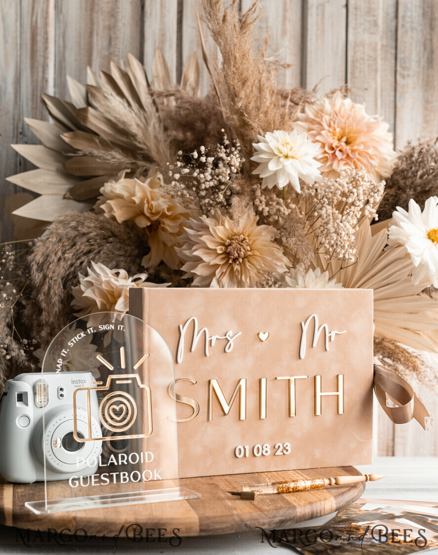 WEDDING GUEST BOOKS Velvet Instax Guestbook beige Gold Presonalised Wedding Guest Book and arch acrylic Instax Sign, Velvet Memory Photo Booh Book and Clear Sign Set Fall Wedding, Polaroid velvet Guest book & Plexi Instax Sign set