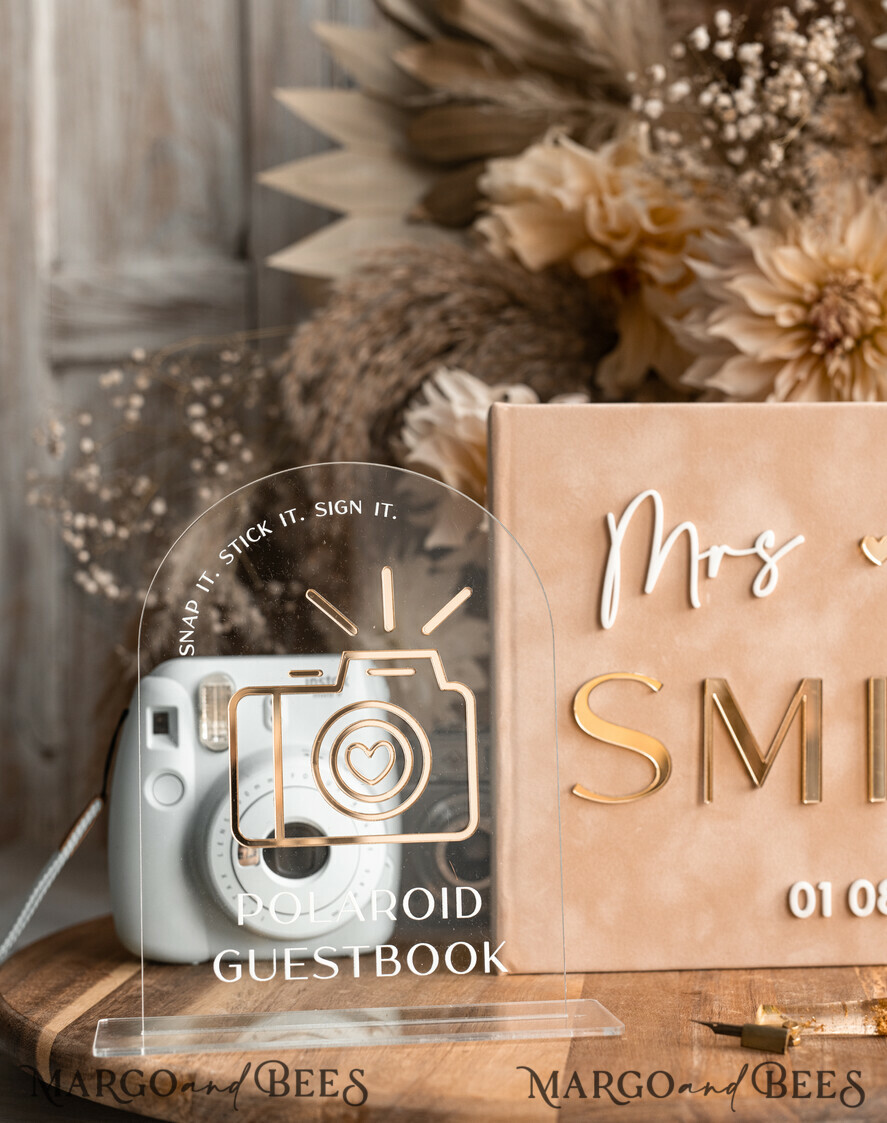 WEDDING GUEST BOOKS Velvet Instax Guestbook beige Gold Presonalised Wedding Guest Book and arch acrylic Instax Sign, Velvet Memory Photo Booh Book and Clear Sign Set Fall Wedding, Polaroid velvet Guest book & Plexi Instax Sign set