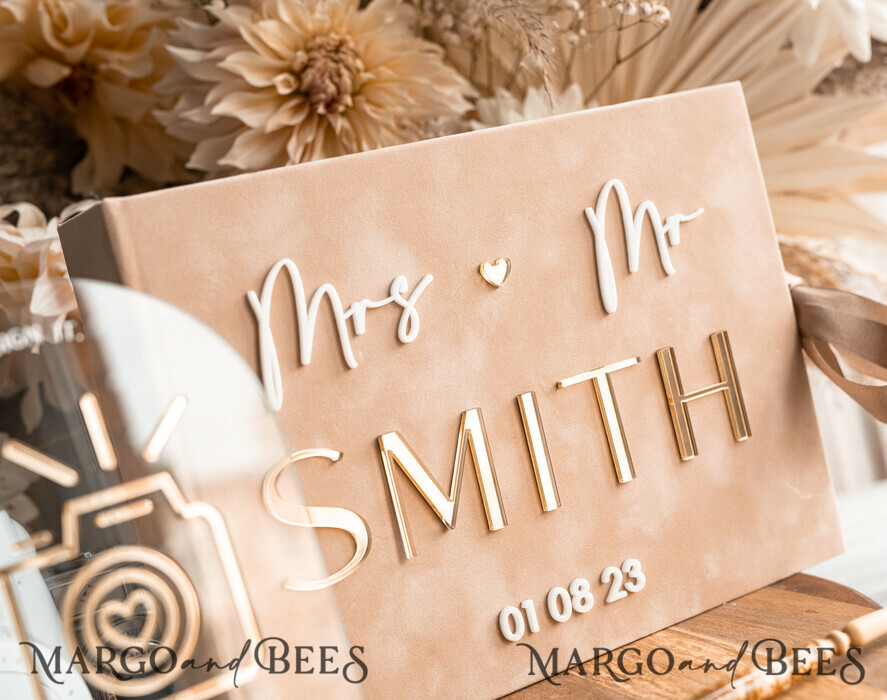 WEDDING GUEST BOOKS Velvet Instax Guestbook beige Gold Presonalised Wedding Guest Book and arch acrylic Instax Sign, Velvet Memory Photo Booh Book and Clear Sign Set Fall Wedding, Polaroid velvet Guest book & Plexi Instax Sign set