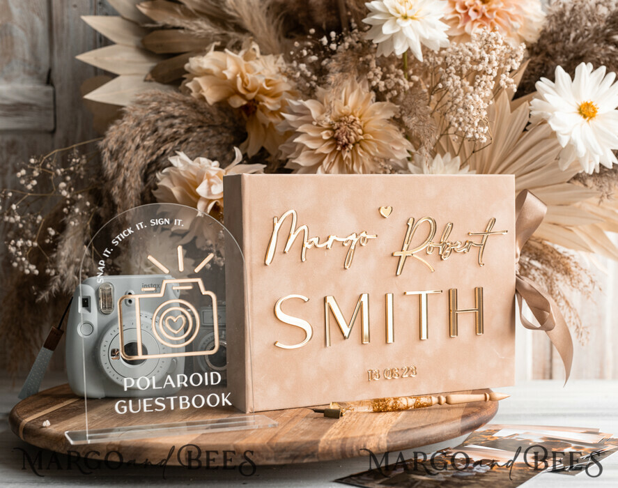 WEDDING GUEST BOOKS Velvet Instax Guestbook beige Gold Presonalised Wedding Guest Book and arch acrylic Instax Sign, Velvet Memory Photo Booh Book and Clear Sign Set Fall Wedding, Polaroid velvet Guest book & Plexi Instax Sign set