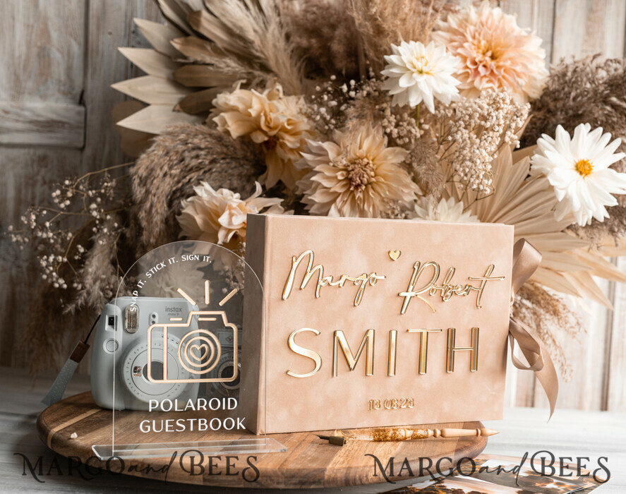 WEDDING GUEST BOOKS Velvet Instax Guestbook beige Gold Presonalised Wedding Guest Book and arch acrylic Instax Sign, Velvet Memory Photo Booh Book and Clear Sign Set Fall Wedding, Polaroid velvet Guest book & Plexi Instax Sign set