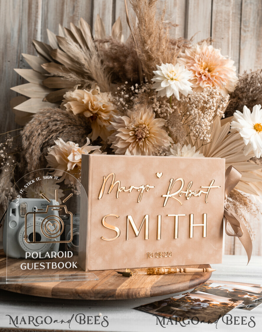 WEDDING GUEST BOOKS Velvet Instax Guestbook beige Gold Presonalised Wedding Guest Book and arch acrylic Instax Sign, Velvet Memory Photo Booh Book and Clear Sign Set Fall Wedding, Polaroid velvet Guest book & Plexi Instax Sign set