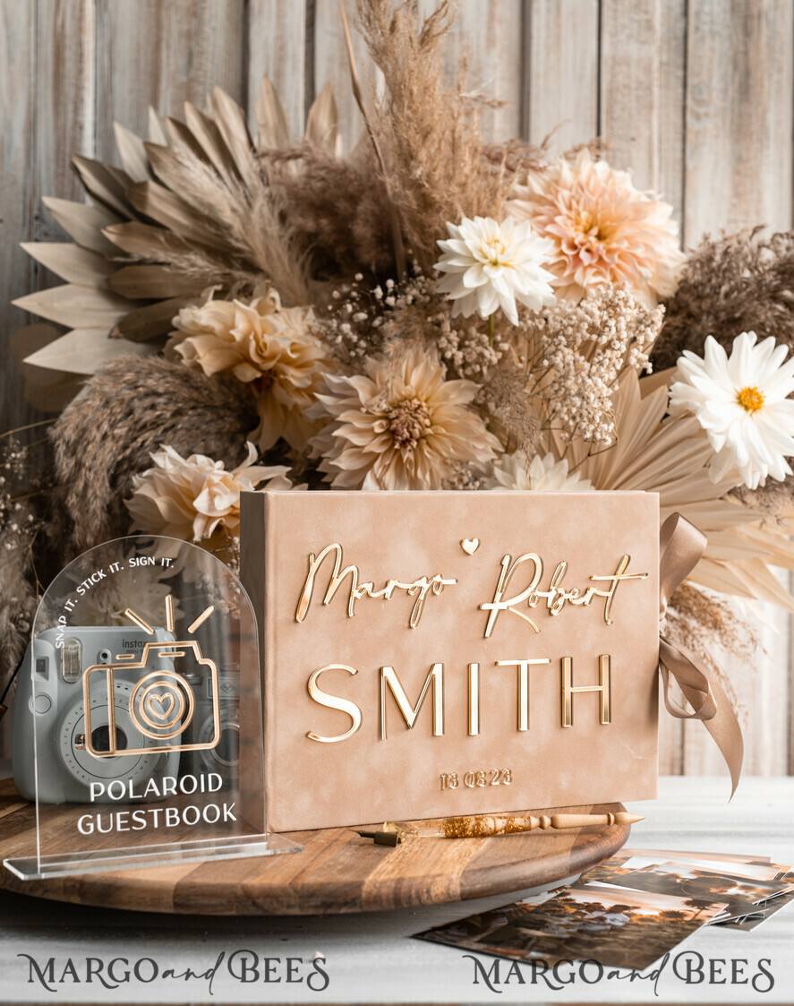 WEDDING GUEST BOOKS Velvet Instax Guestbook beige Gold Presonalised Wedding Guest Book and arch acrylic Instax Sign, Velvet Memory Photo Booh Book and Clear Sign Set Fall Wedding, Polaroid velvet Guest book & Plexi Instax Sign set