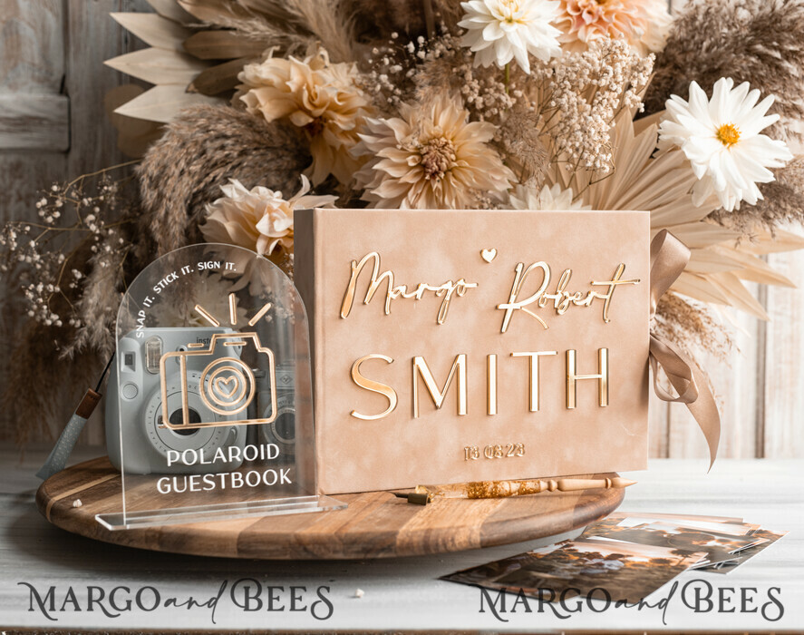 WEDDING GUEST BOOKS Velvet Instax Guestbook beige Gold Presonalised Wedding Guest Book and arch acrylic Instax Sign, Velvet Memory Photo Booh Book and Clear Sign Set Fall Wedding, Polaroid velvet Guest book & Plexi Instax Sign set