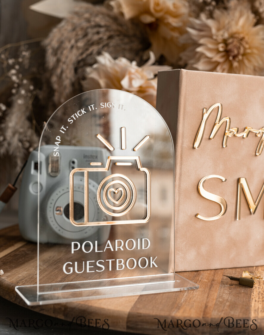 WEDDING GUEST BOOKS Velvet Instax Guestbook beige Gold Presonalised Wedding Guest Book and arch acrylic Instax Sign, Velvet Memory Photo Booh Book and Clear Sign Set Fall Wedding, Polaroid velvet Guest book & Plexi Instax Sign set