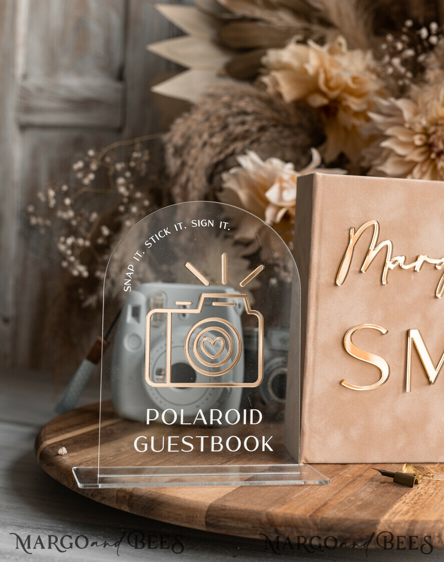 WEDDING GUEST BOOKS Velvet Instax Guestbook beige Gold Presonalised Wedding Guest Book and arch acrylic Instax Sign, Velvet Memory Photo Booh Book and Clear Sign Set Fall Wedding, Polaroid velvet Guest book & Plexi Instax Sign set