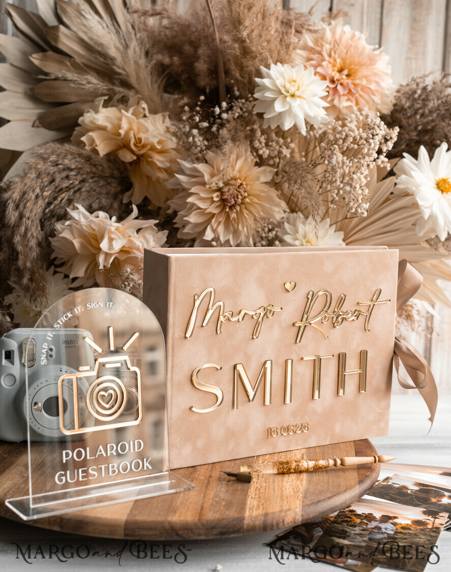 WEDDING GUEST BOOKS Velvet Instax Guestbook beige Gold Presonalised Wedding Guest Book and arch acrylic Instax Sign, Velvet Memory Photo Booh Book and Clear Sign Set Fall Wedding, Polaroid velvet Guest book & Plexi Instax Sign set