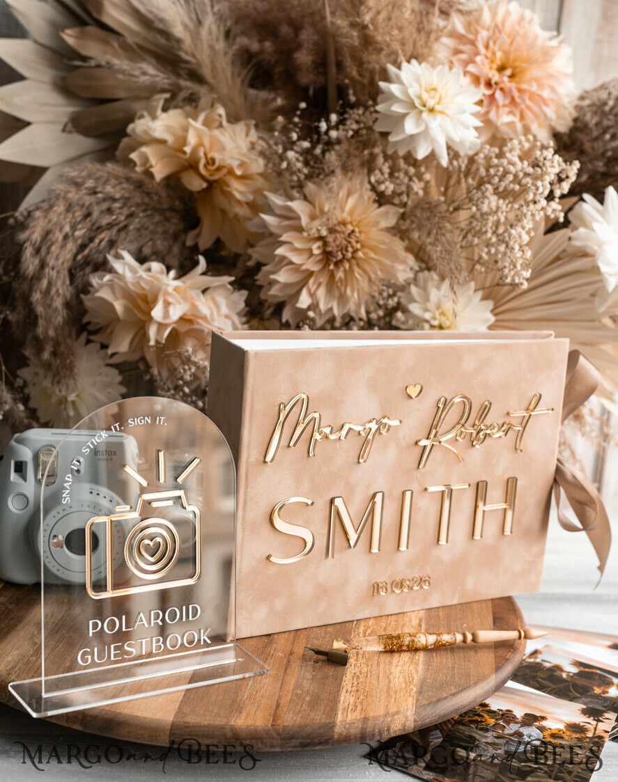WEDDING GUEST BOOKS Velvet Instax Guestbook beige Gold Presonalised Wedding Guest Book and arch acrylic Instax Sign, Velvet Memory Photo Booh Book and Clear Sign Set Fall Wedding, Polaroid velvet Guest book & Plexi Instax Sign set