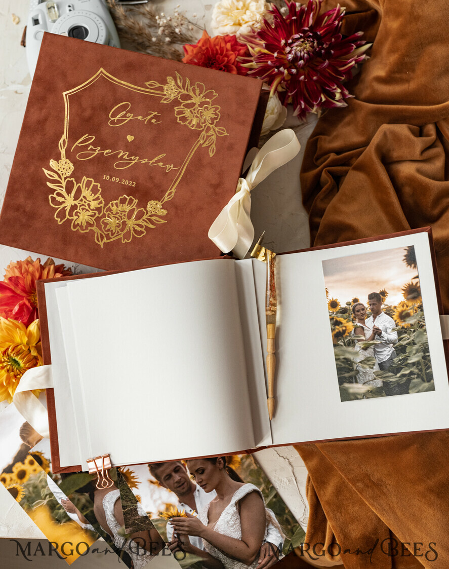 WEDDING GUEST BOOKS Velvet Instax Guestbook terracotta Gold Presonalised Wedding Guest Book, Velvet Memory Photo Fall Wedding , Luxury Wedding Guest Book, Polaroid velvet Guest book