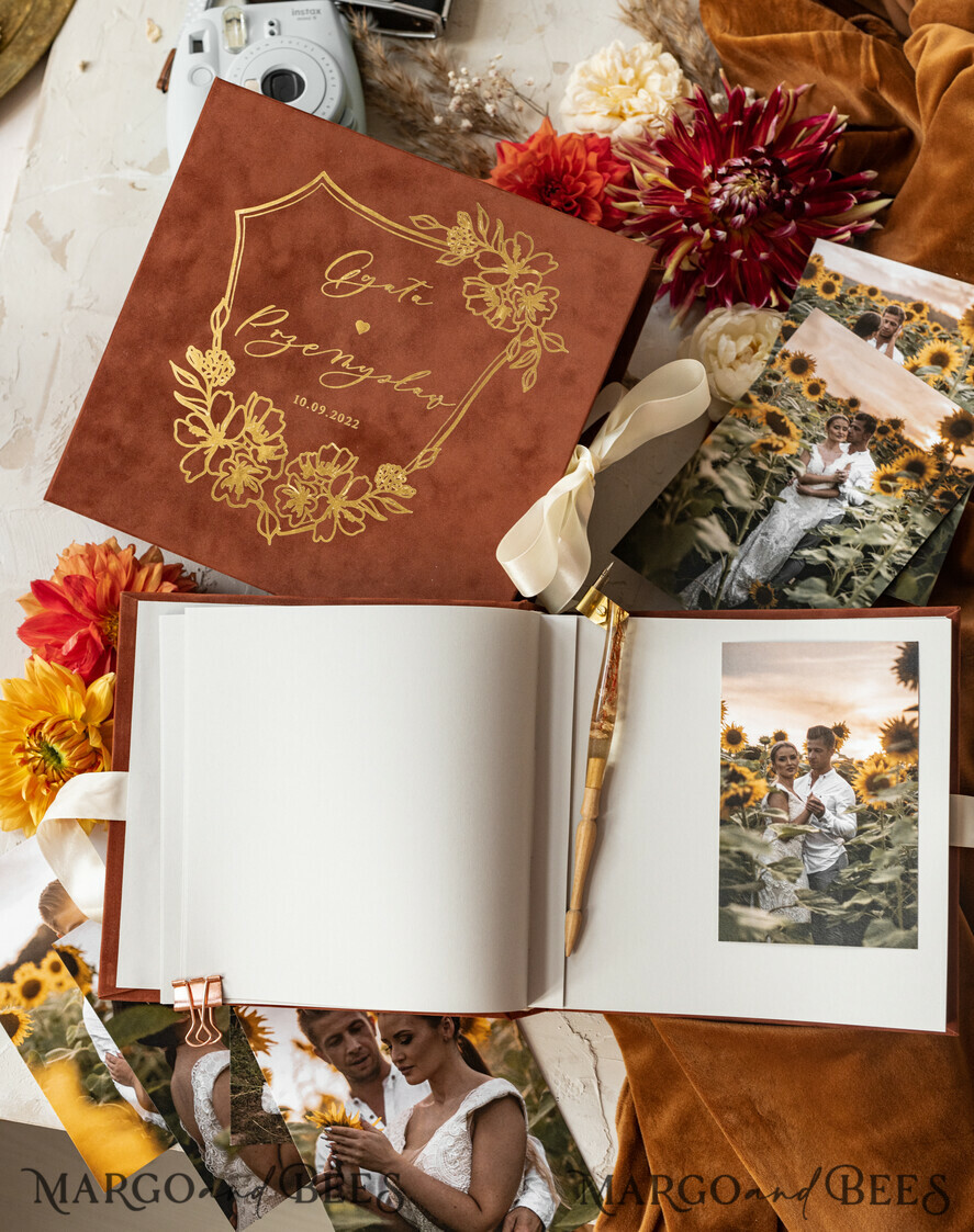 WEDDING GUEST BOOKS Velvet Instax Guestbook terracotta Gold Presonalised Wedding Guest Book, Velvet Memory Photo Fall Wedding , Luxury Wedding Guest Book, Polaroid velvet Guest book