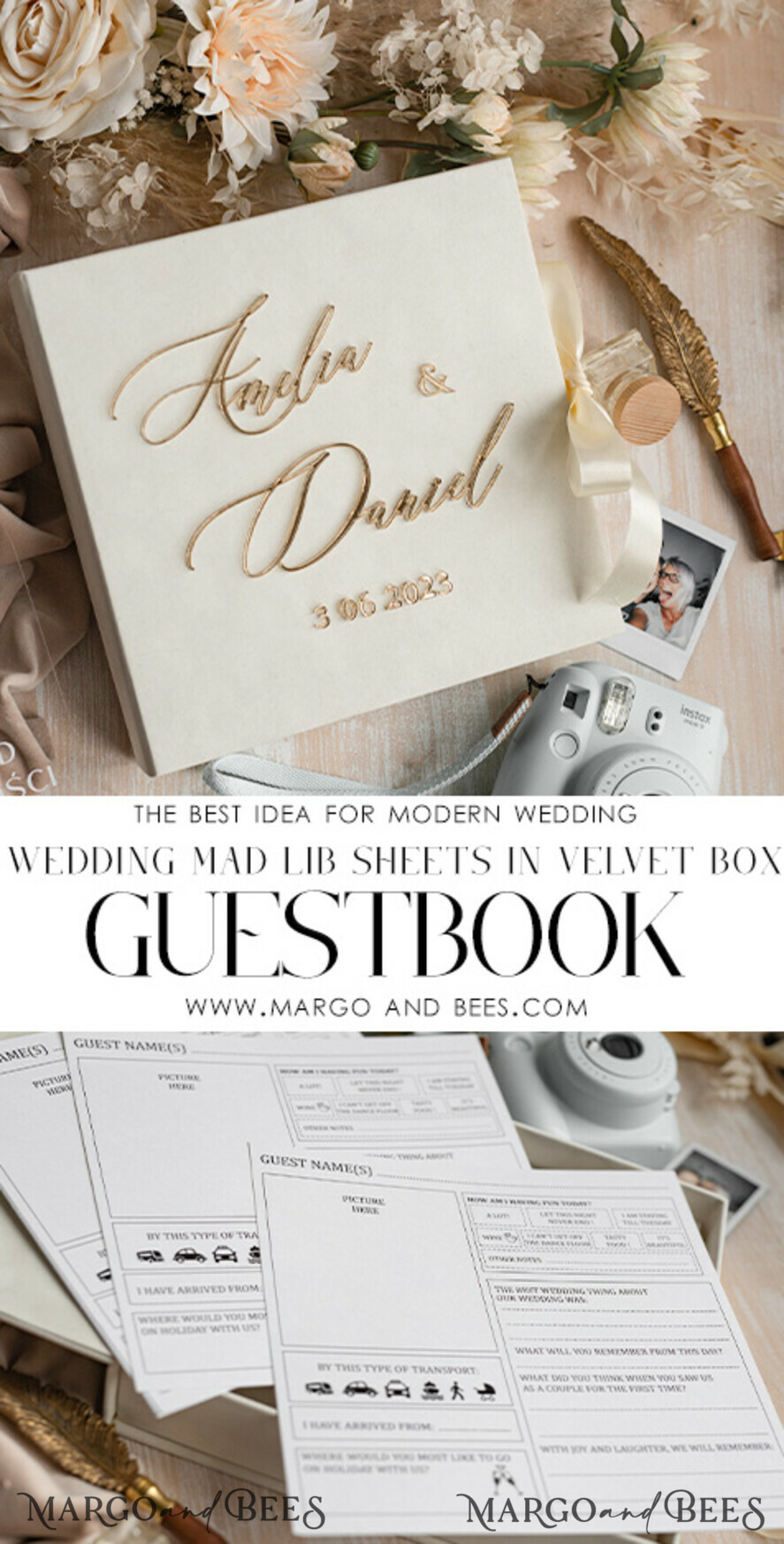 WEDDING GUEST BOOKS alternative guest book Alternative Guestbook Wedding Mad Lib Sheets in Velvet Box Marriage advice mad lib Box Instax Leave a Note to Bride & Groom Personalised Box