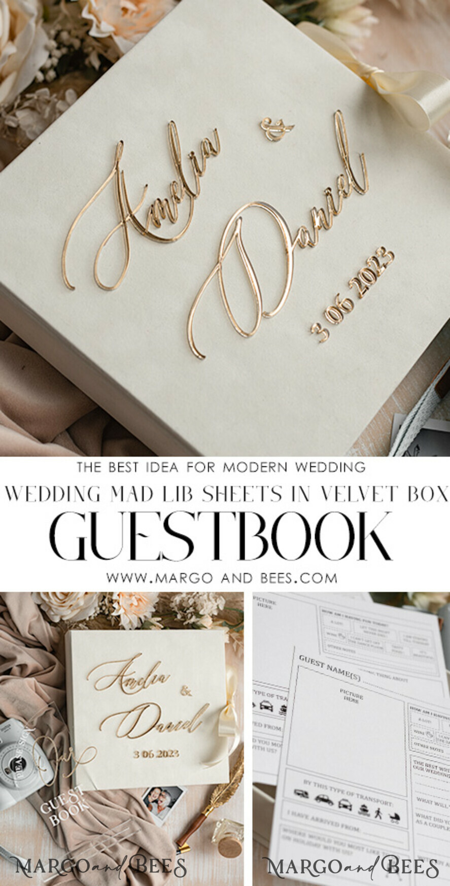 WEDDING GUEST BOOKS alternative guest book Alternative Guestbook Wedding Mad Lib Sheets in Velvet Box Marriage advice mad lib Box Instax Leave a Note to Bride & Groom Personalised Box