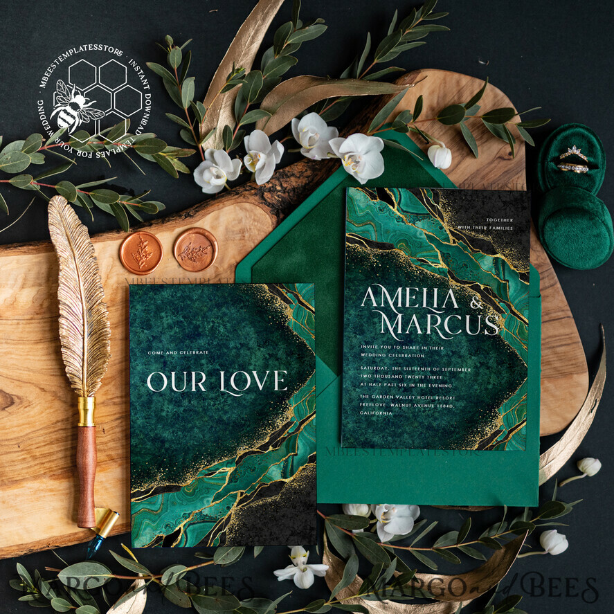 TEMPLETT wedding invitation download Emerald Green wedding invitation template, Instant download Greenery Wedding Invites, Elegant Marble Wedding Invitations Set Printable