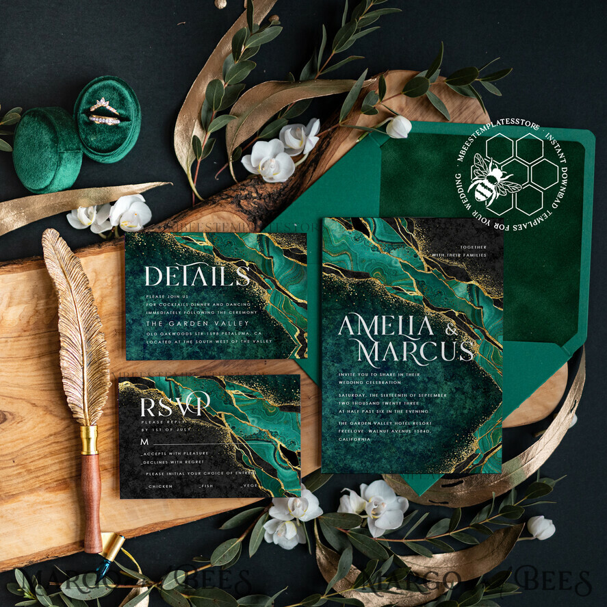 TEMPLETT wedding invitation download Emerald Green wedding invitation template, Instant download Greenery Wedding Invites, Elegant Marble Wedding Invitations Set Printable