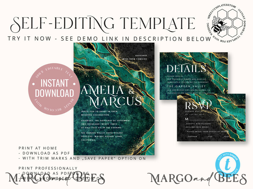 TEMPLETT wedding invitation download Emerald Green wedding invitation template, Instant download Greenery Wedding Invites, Elegant Marble Wedding Invitations Set Printable