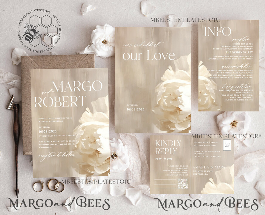TEMPLETT wedding invitation download Elegant Flowers Paintig Oil wedding Invitations Set Template, Instant Download Printable Invites Home Printing, Simple Wedding Cards
