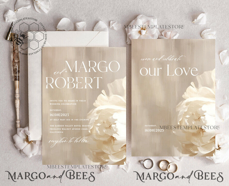 TEMPLETT wedding invitation download Elegant Flowers Paintig Oil wedding Invitations Set Template, Instant Download Printable Invites Home Printing, Simple Wedding Cards