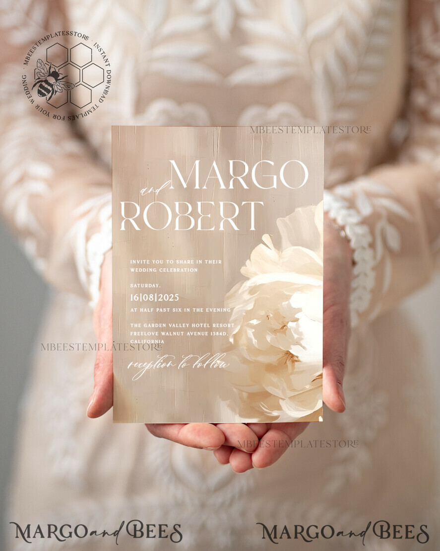 TEMPLETT wedding invitation download Elegant Flowers Paintig Oil wedding Invitations Set Template, Instant Download Printable Invites Home Printing, Simple Wedding Cards