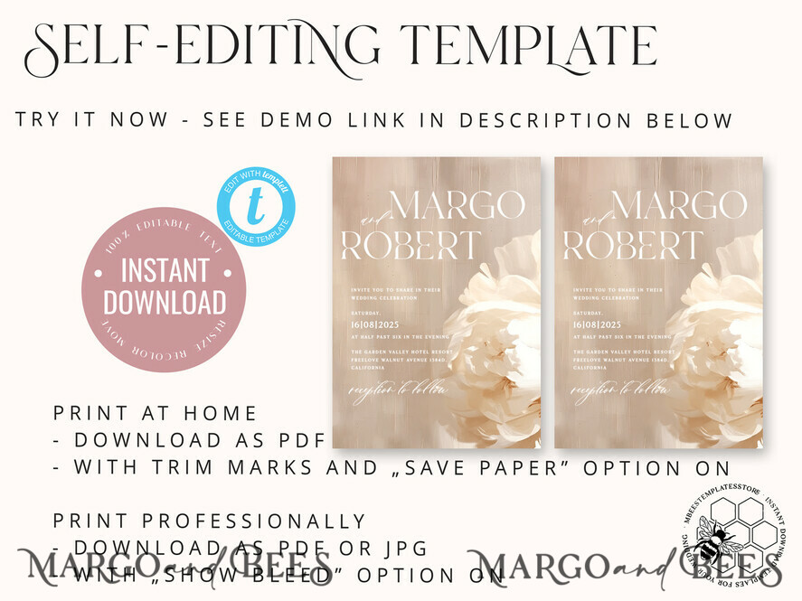 TEMPLETT wedding invitation download Elegant Flowers Paintig Oil wedding Invitations Set Template, Instant Download Printable Invites Home Printing, Simple Wedding Cards