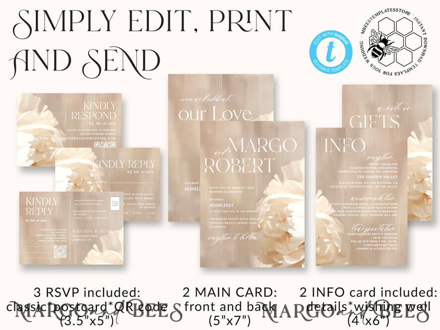 TEMPLETT wedding invitation download Elegant Flowers Paintig Oil wedding Invitations Set Template, Instant Download Printable Invites Home Printing, Simple Wedding Cards