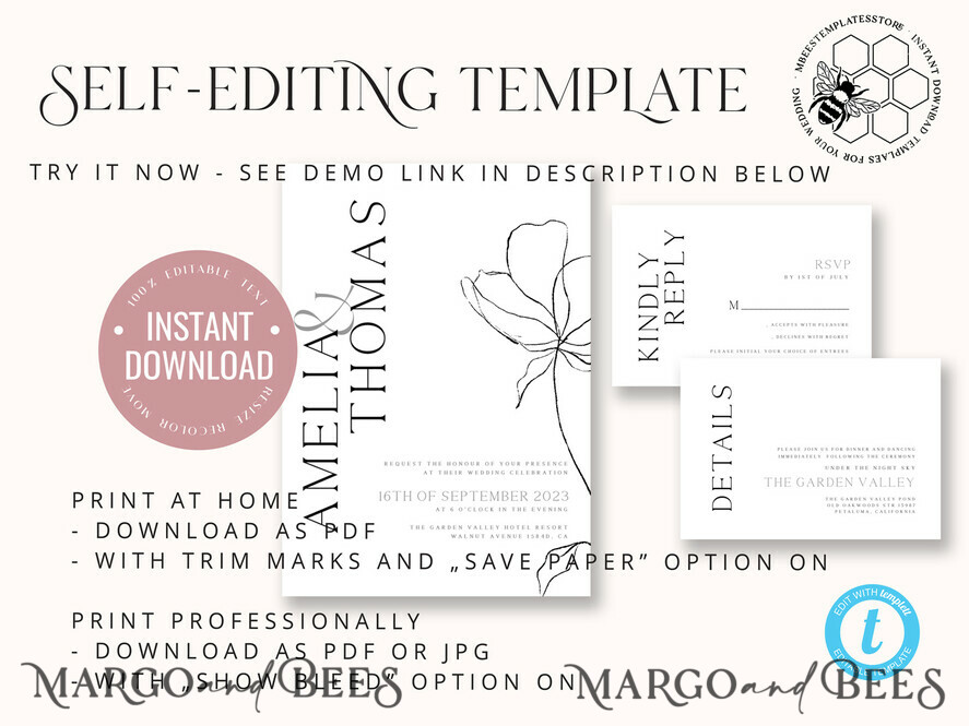 TEMPLETT wedding invitation download Fine art wedding invitation template, Instant download Boho Wedding Invites, Simple Wedding Invitation Printable Template, Elegant Invites