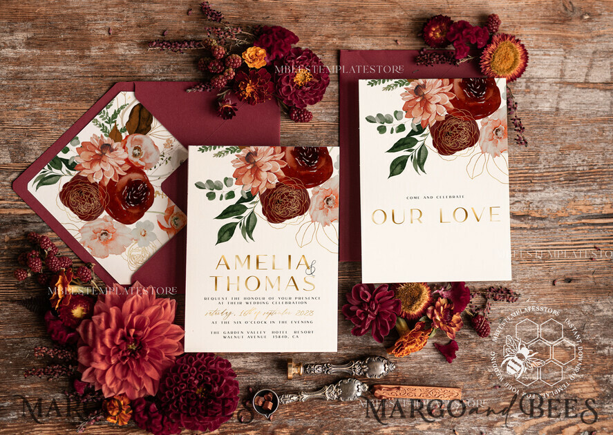 TEMPLETT wedding invitation download Boho Modern wedding Invitations Evite Set Template, Instant Download Printable Invites Home Printing Fall Heart Wedding Invitation Cards WB6