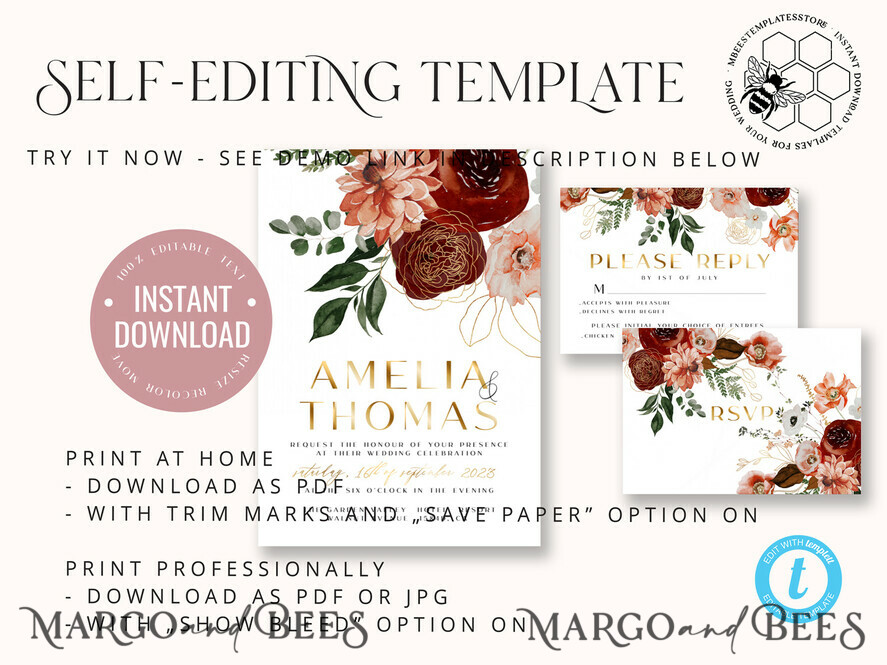 TEMPLETT wedding invitation download Boho Modern wedding Invitations Evite Set Template, Instant Download Printable Invites Home Printing Fall Heart Wedding Invitation Cards WB6