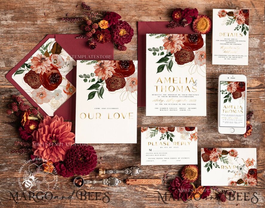 TEMPLETT wedding invitation download Boho Modern wedding Invitations Evite Set Template, Instant Download Printable Invites Home Printing Fall Heart Wedding Invitation Cards WB6