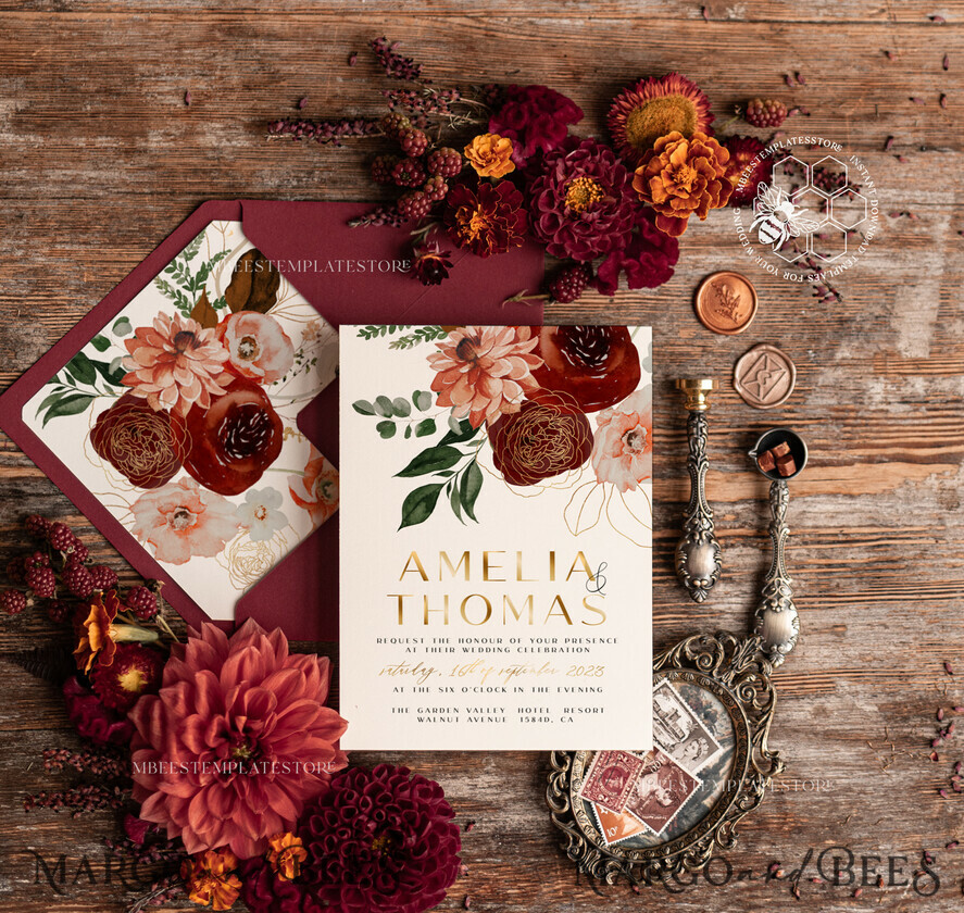 TEMPLETT wedding invitation download Boho Modern wedding Invitations Evite Set Template, Instant Download Printable Invites Home Printing Fall Heart Wedding Invitation Cards WB6
