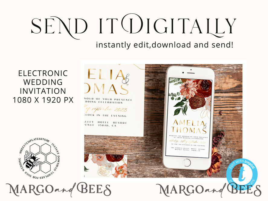 TEMPLETT wedding invitation download Boho Modern wedding Invitations Evite Set Template, Instant Download Printable Invites Home Printing Fall Heart Wedding Invitation Cards WB6