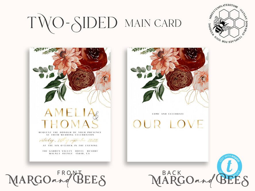 TEMPLETT wedding invitation download Boho Modern wedding Invitations Evite Set Template, Instant Download Printable Invites Home Printing Fall Heart Wedding Invitation Cards WB6