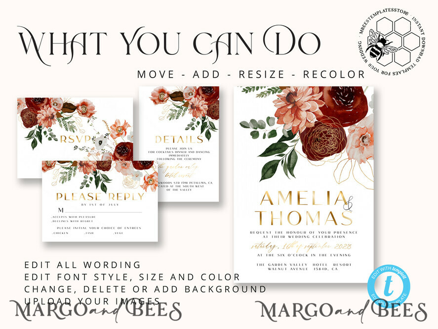 TEMPLETT wedding invitation download Boho Modern wedding Invitations Evite Set Template, Instant Download Printable Invites Home Printing Fall Heart Wedding Invitation Cards WB6