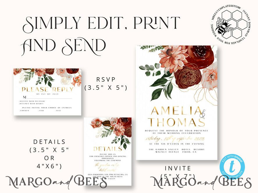 TEMPLETT wedding invitation download Boho Modern wedding Invitations Evite Set Template, Instant Download Printable Invites Home Printing Fall Heart Wedding Invitation Cards WB6
