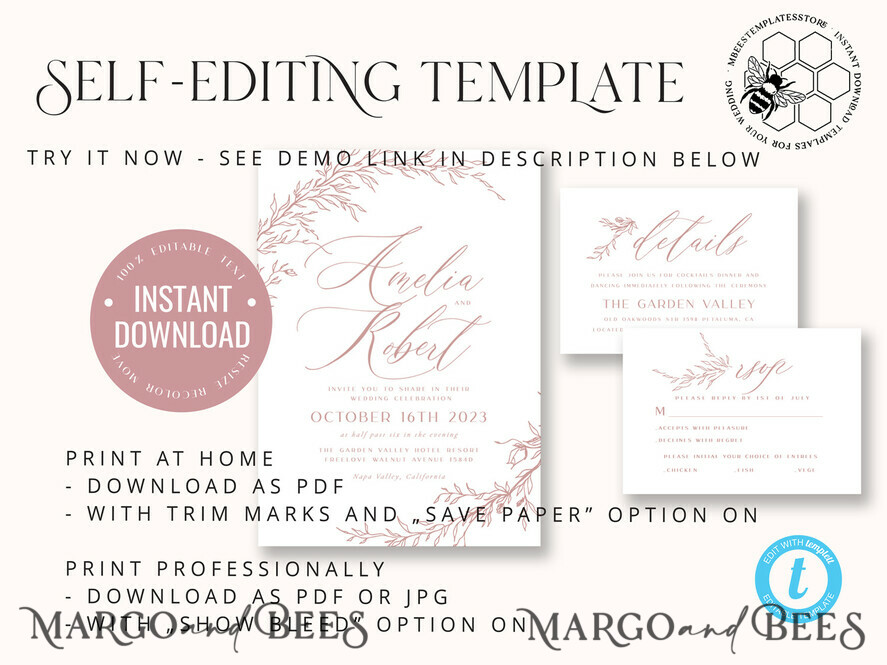 TEMPLETT wedding invitation download Boho Blush Pink wedding Invitations Set Template, Instant Download Printable Invites Home Printing, Simple Wedding Invitation Card, WBoho16