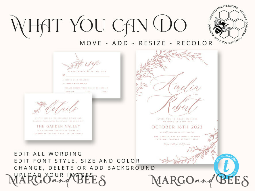 TEMPLETT wedding invitation download Boho Blush Pink wedding Invitations Set Template, Instant Download Printable Invites Home Printing, Simple Wedding Invitation Card, WBoho16