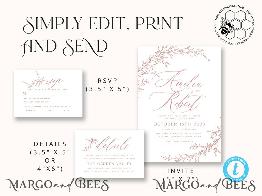 TEMPLETT wedding invitation download Boho Blush Pink wedding Invitations Set Template, Instant Download Printable Invites Home Printing, Simple Wedding Invitation Card, WBoho16