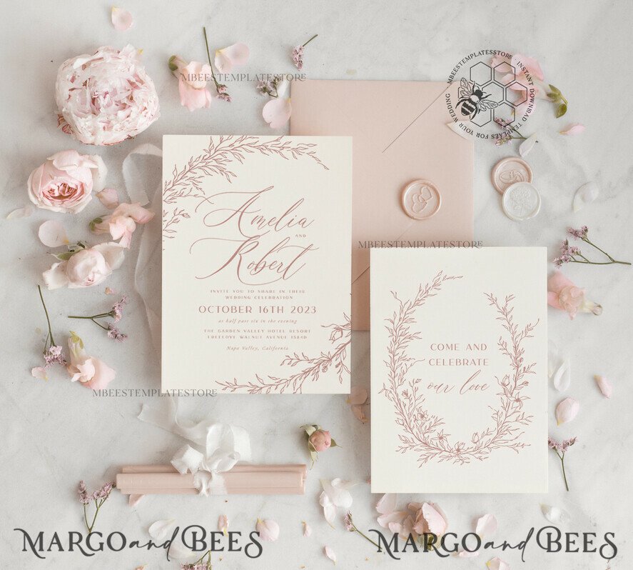 TEMPLETT wedding invitation download Boho Blush Pink wedding Invitations Set Template, Instant Download Printable Invites Home Printing, Simple Wedding Invitation Card, WBoho16