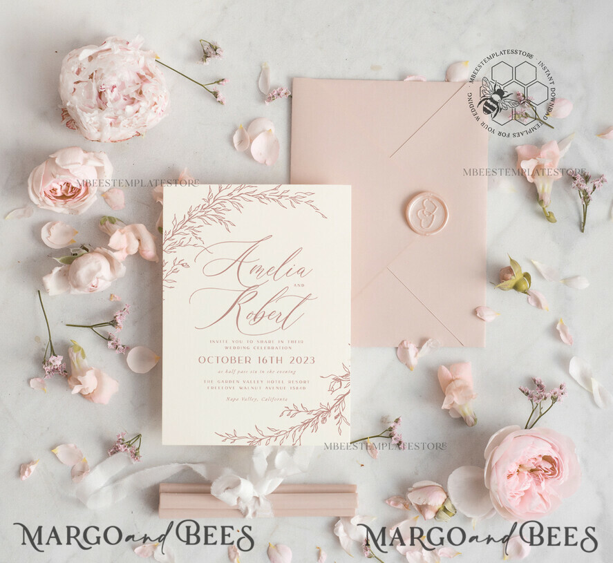 TEMPLETT wedding invitation download Boho Blush Pink wedding Invitations Set Template, Instant Download Printable Invites Home Printing, Simple Wedding Invitation Card, WBoho16
