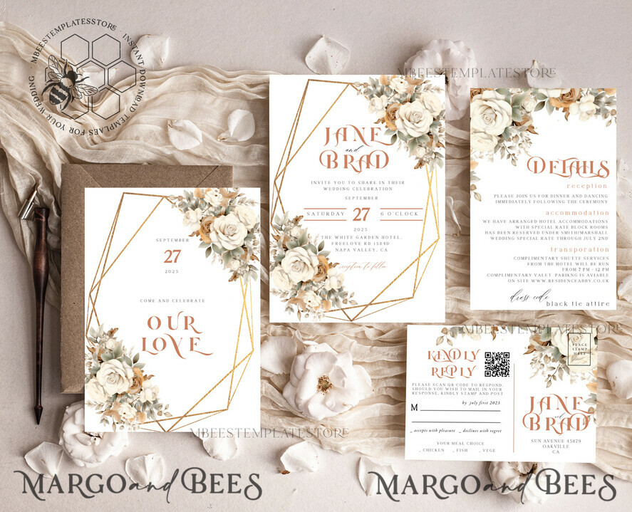 TEMPLETT wedding invitation download Boho Flower Vintage wedding Invitations Set Template, Instant Download Printable Invites Home Printing, Simple Wedding Cards